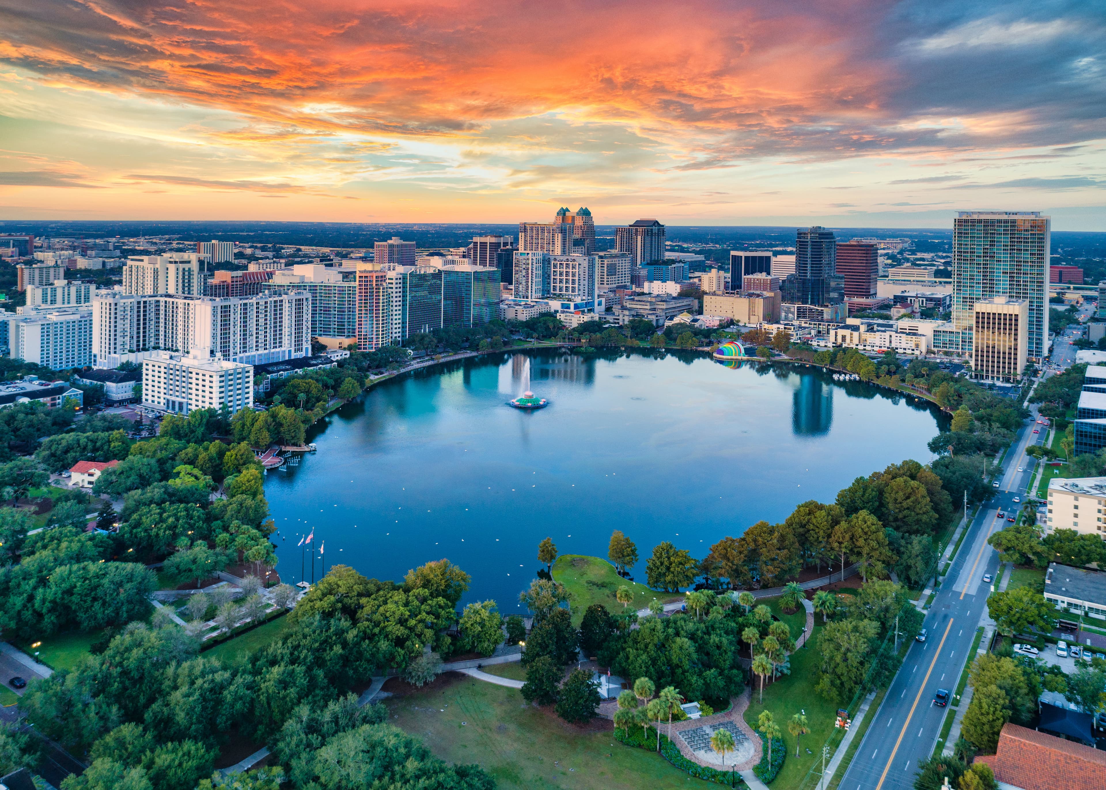 Orlando Lake Eola Park skyline at sunset
