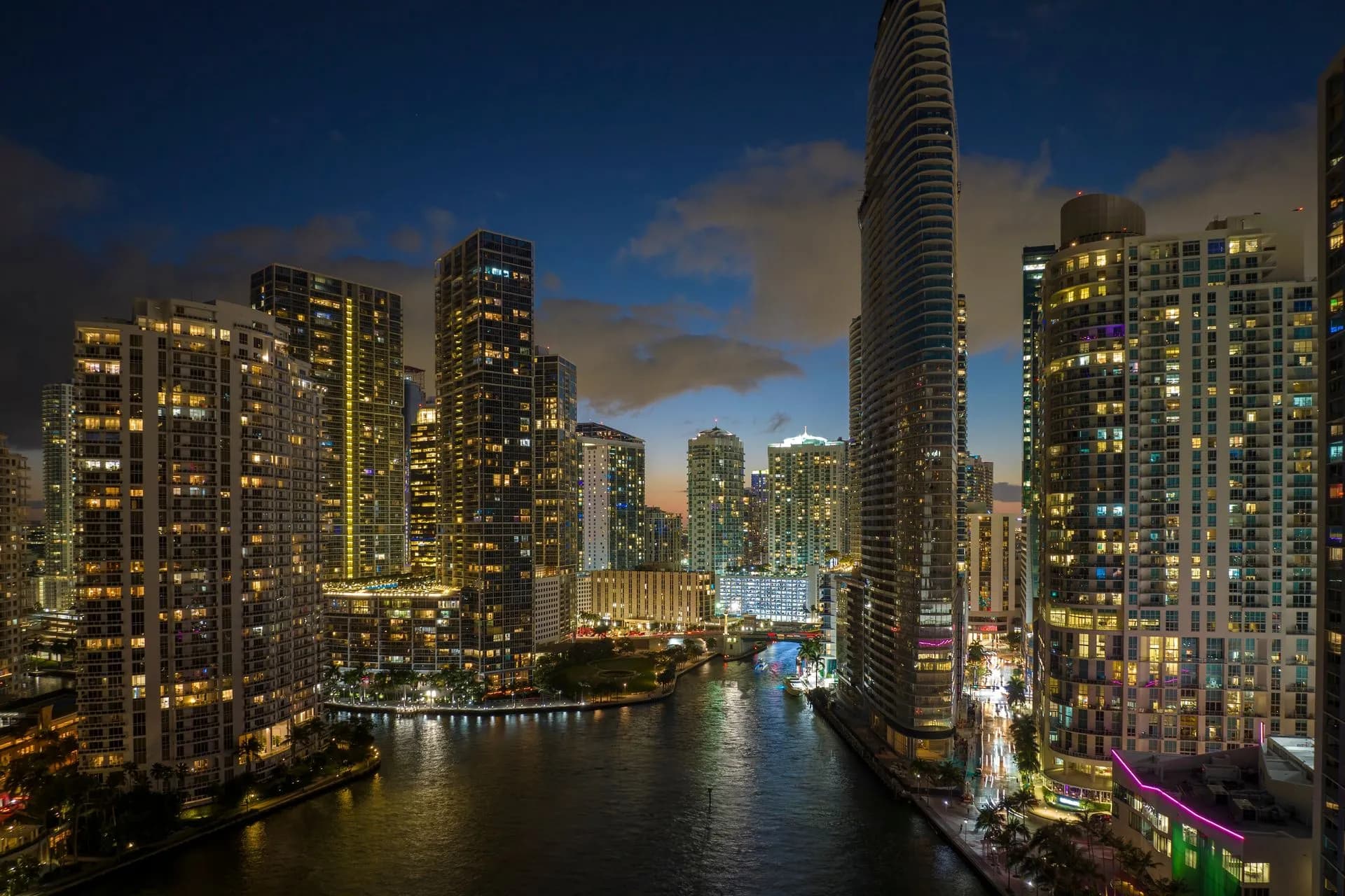Miami River and Brickell skyline at night